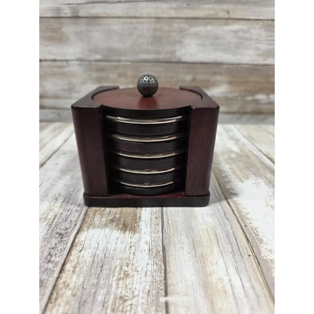 Wooden Golf Themed Coaster Set with Holder Mancave Decor‎